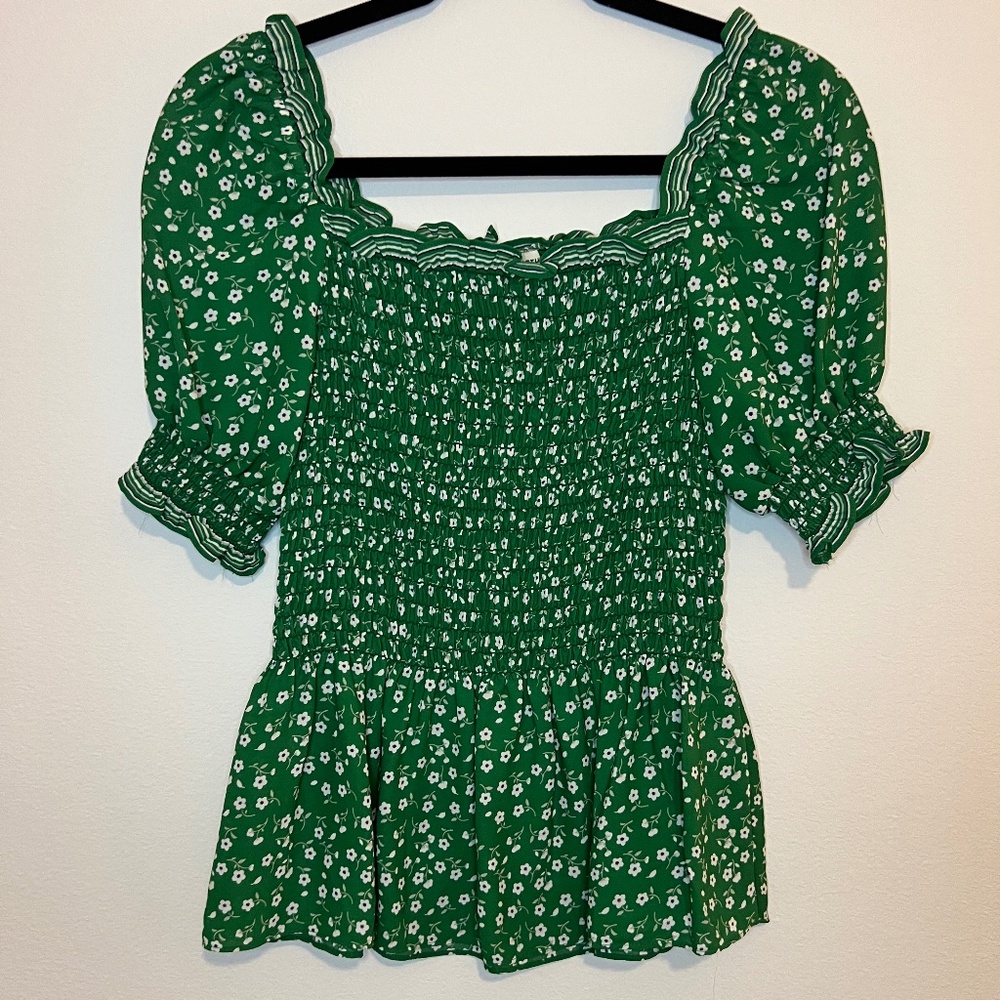 Max Studio Green Floral Smocked Puff Sleeve Top - Size S